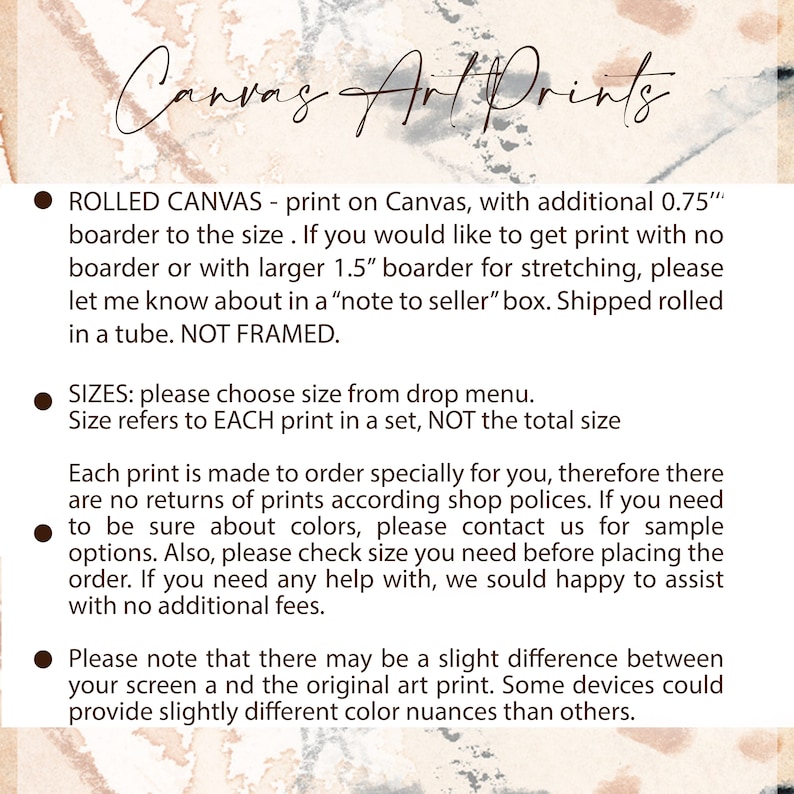 May include: Text on a canvas art print advertisement. The text includes information about rolled canvas prints, sizes, returns, and color variations. The prints are shipped rolled in a tube and are not framed.