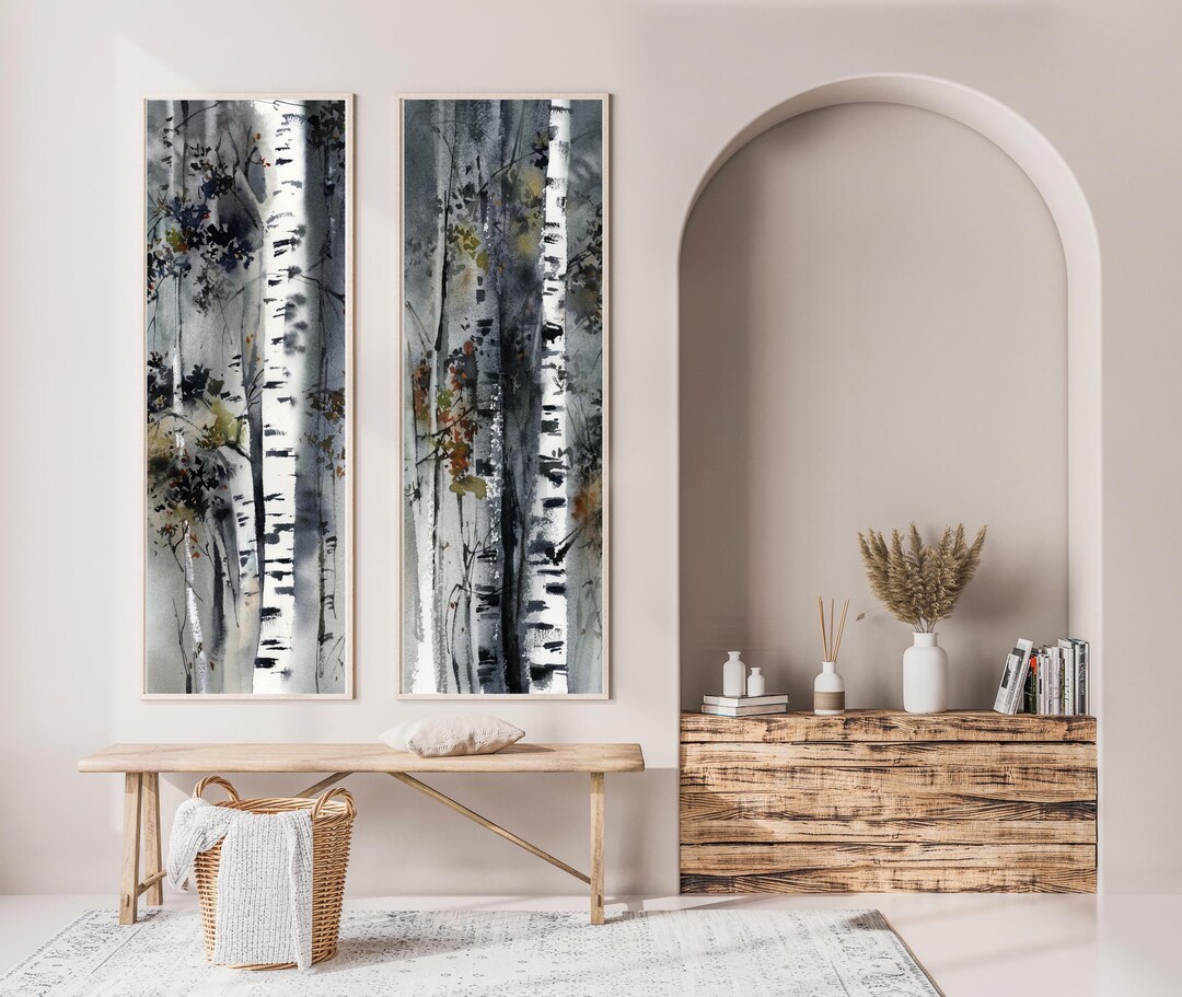 Stairwell Birch Trees Canvas Prints 2 Pieces Set, Forest Narrow