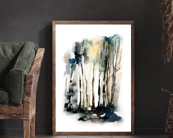 Forest Canvas Art Print, Loose Style Watercolor Landscape Painting, Abstract Tree Wall Decor