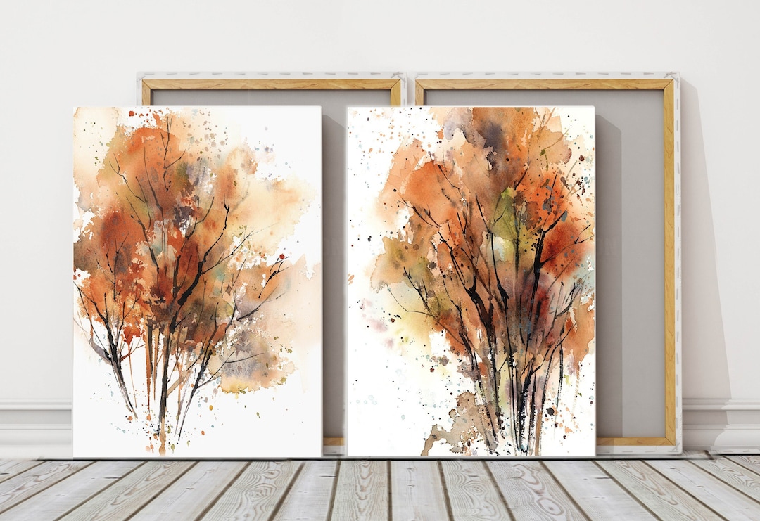 Autumn Trees Watercolor Canvas Print 2 Set, Orange Landscape Wall Art ...