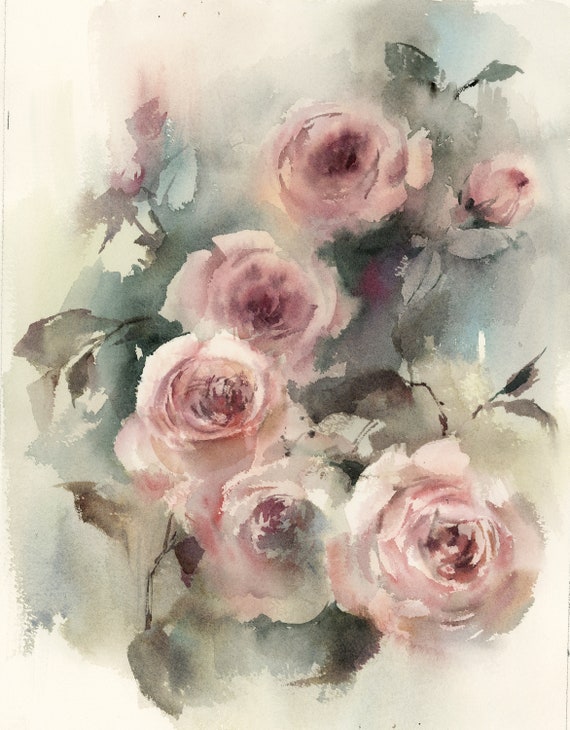 Tableau Bouquet De Roses Fleurs En Aquarelle Originale De Rose Roses Roses Vert Loose Style Peinture Art Floral Aquarelle Botanique