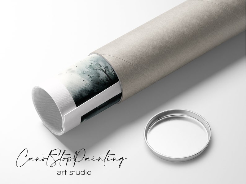 May include: A rolled-up art print featuring a watercolor landscape painting, partially visible within a cylindrical cardboard tube. The tube is light gray, with a silver lid. The text "CanotStopPainting art studio" is at the bottom.