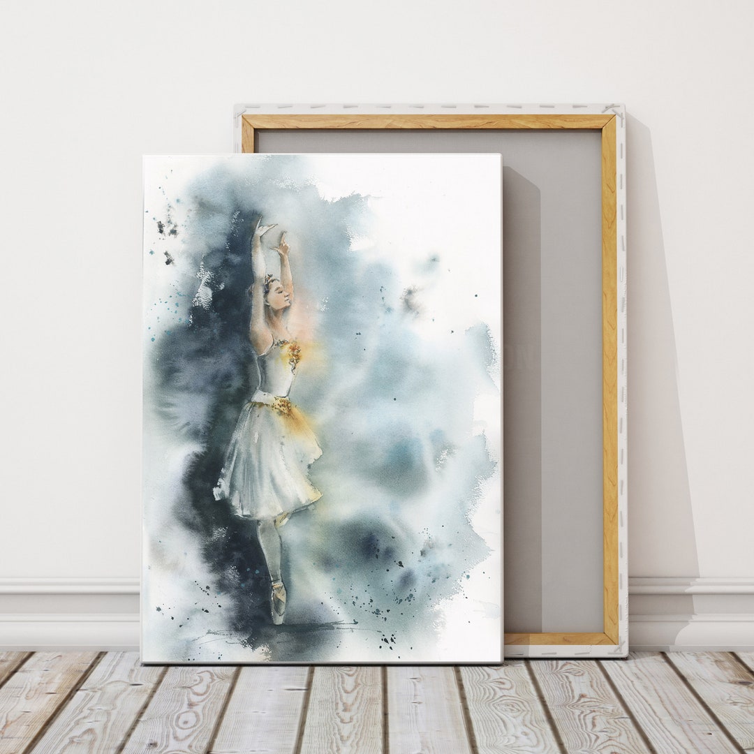 Ballerina in Blue Canvas Art Print, Ballet Watercolor Print, Dancer ...