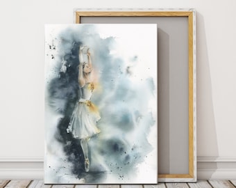 Ballerina in Blue Canvas Art Print, Ballet Watercolor Print, Dancer Painting Wall Decor