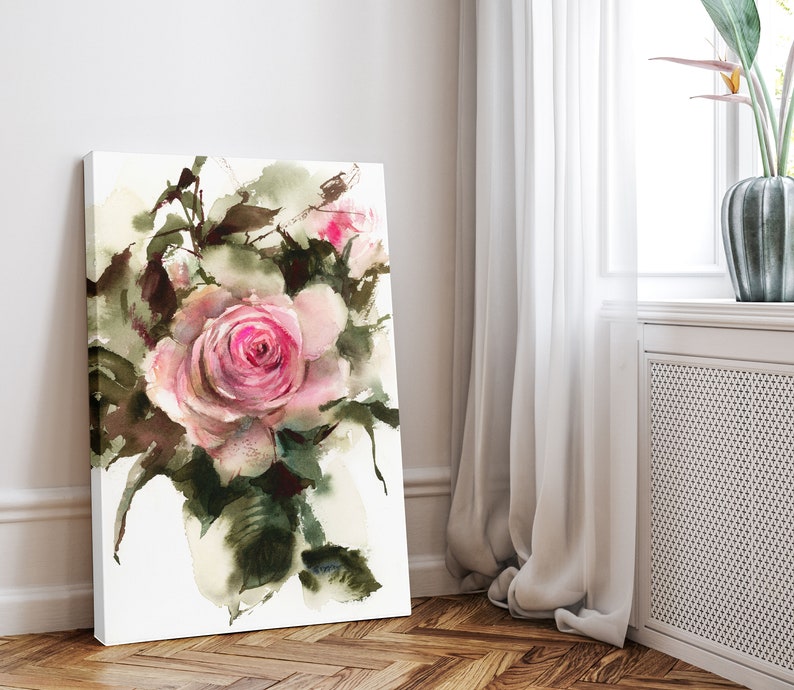 Pink Rose Canvas Fine Art Print for Wall Decor, Botanical Watercolor ...