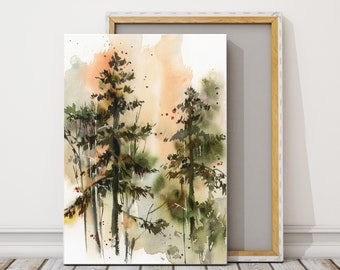 Green Pine Forest Print on Canvas Nature Wall Decor Art, Pine Tree Watercolor Painting Nature Art