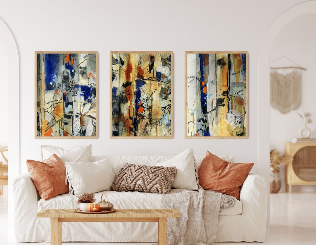 Set of 3 Canvas Prints, Royal Blue and Orange Wall Print, Abstract