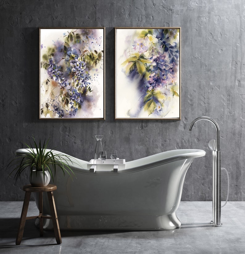 Set of 2 Floral Paintings Wisteria Flowers Prints Botanical Etsy