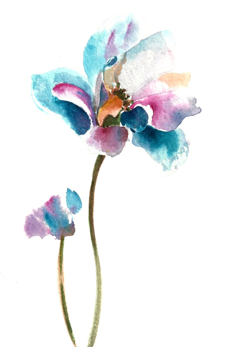 Peinture aquarelle originale de fleurs rose et bleu Art | Etsy