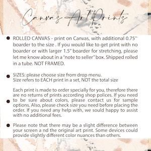 May include: Text on a canvas art print advertisement. The text includes information about rolled canvas prints, sizes, returns, and color variations. The prints are shipped rolled in a tube and are not framed.