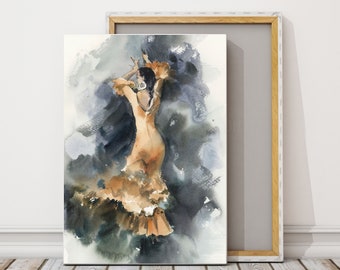 Flamenco Dancing Woman Canvas Print, Flamenco Dancer Watercolor Painting, Flamenco Wall Art, Spanish Dance Wall Decor Print on Canvas