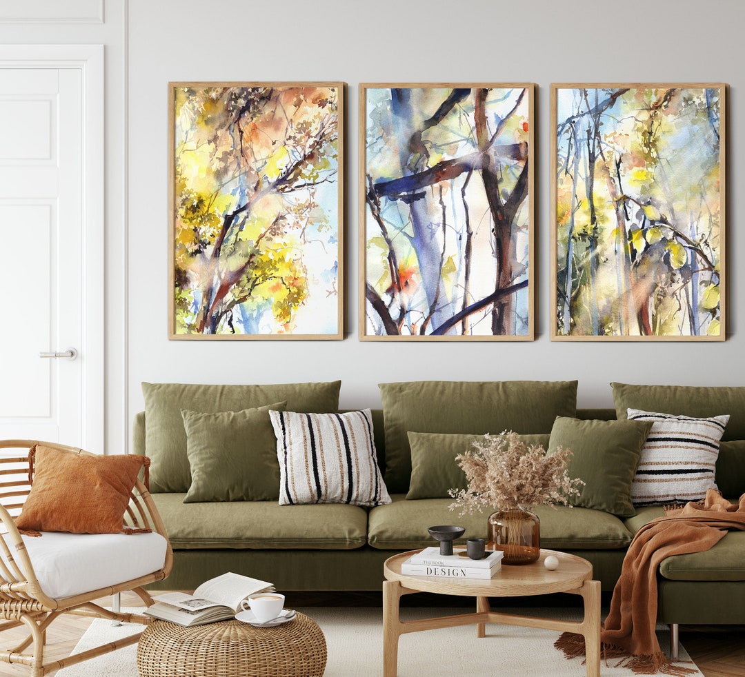 Forest Wall Prints, Trees 3 Canvas Prints Set, Above Sofa Decor, Nature Indoor Art, Home Wall