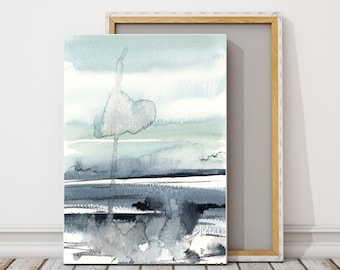 Abstract Landscape Print, Abstract Sea and Sky Painting, Watercolor Print on Canvas, Grey Blue Wall Art, Abstract Canvas Print Wall Decor