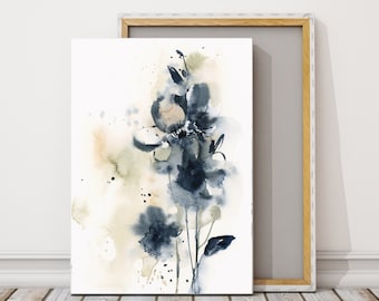 Canvas Print of Abstract Blue Flowers, Floral Watercolor Print, Abstract Botanical Painting Wall Decor