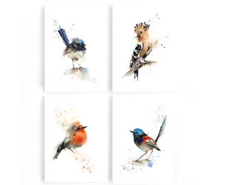 Birds 4 Canvas Prints Set Gallery Wall, Robin Hoopoe and Fairy Wrens Watercolor Prints, Bird Painting Art