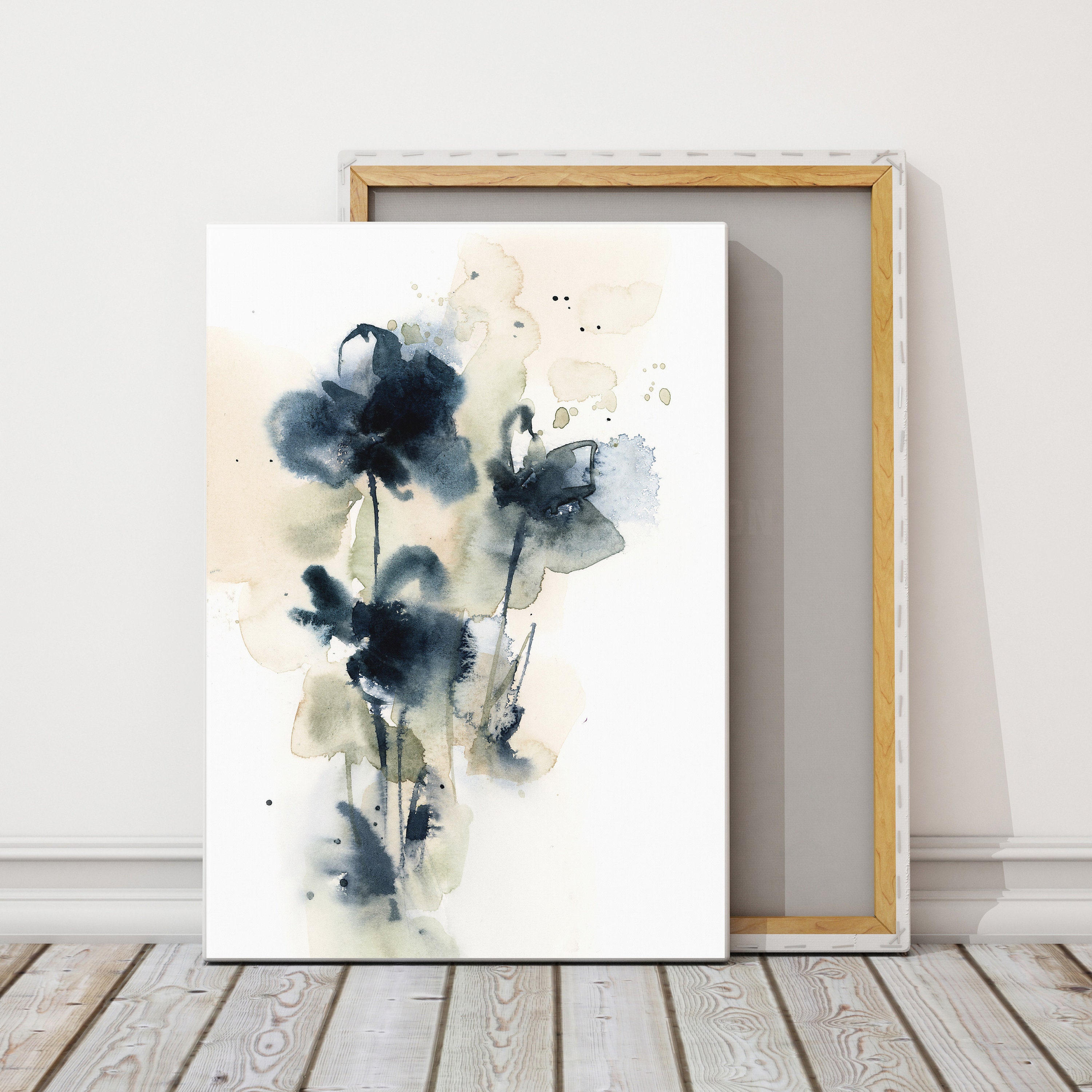Blue Abstract Floral Print on Canvas Botanical Watercolor Painting Flower Wall Decor