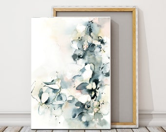 Abstract Botanical Canvas Print, Teal Abstract Leaves Watercolor Print, Nature Painting Wall Decor