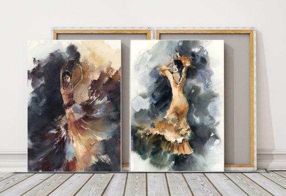 Flamenco Dancers 2 Canvas Art Prints, Spanish Dancers Watercolor Painting Wall Decor