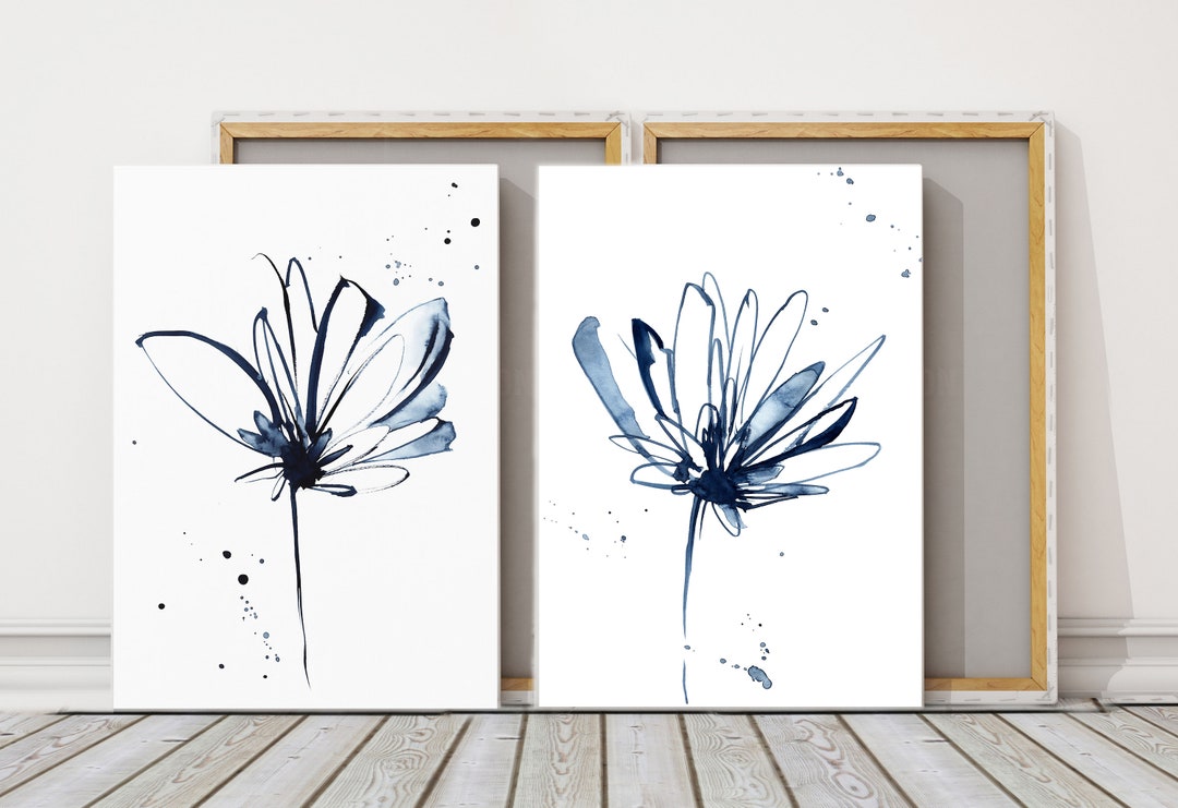 Minimalist Abstract Flowers 2 Canvas Art Prints Set Gallery Wall, Blue ...