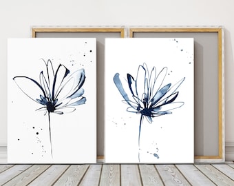 Minimalist Abstract Flowers 2 Canvas Art Prints Set Gallery Wall, Blue Florals Watercolor Paintings, Minimal Set of 2 Art Prints Wall Decor