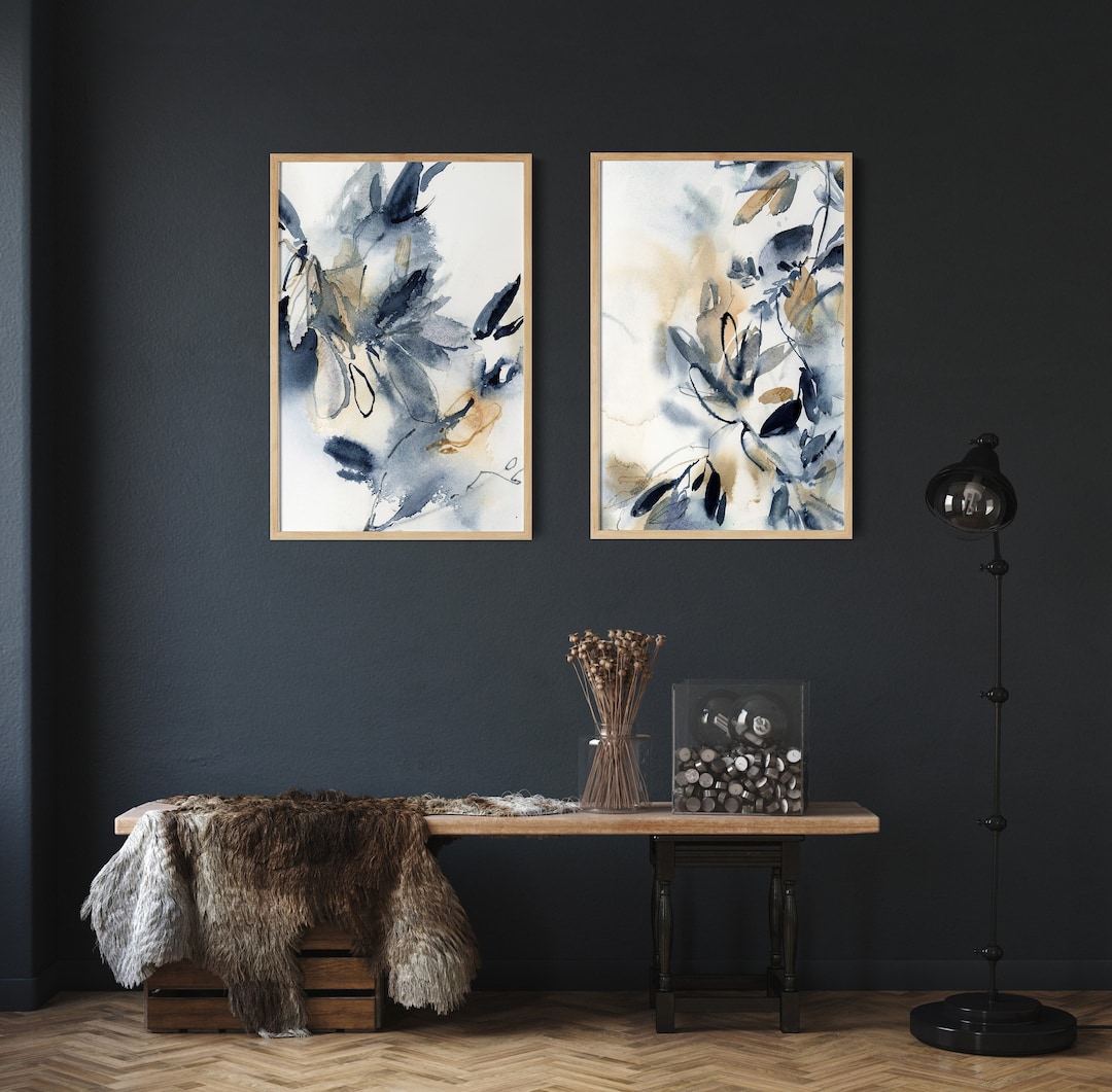 Blue Botanical Canvas Prints Set of 2 Wall Decor, Leaf Watercolor ...