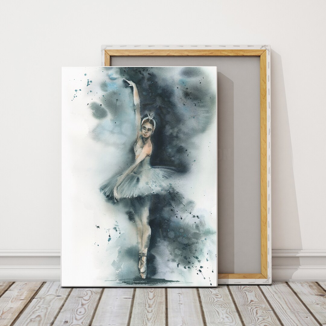 Swan Lake Ballet Canvas Art Print, Ballerina Watercolor Painting, Blue ...