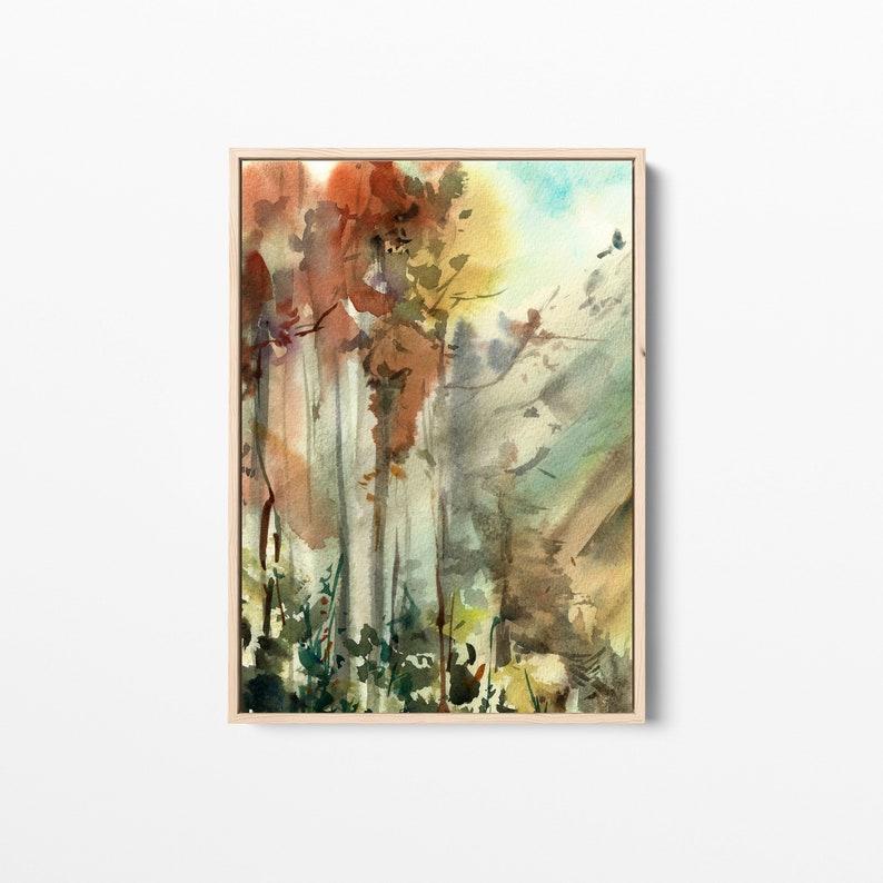Fall Forest Painting, Autumn Landscape, Canvas Art Print, Abstract Trees Watercolor Painting, Abstract Nature Print, Woodland Wall Decor image 5