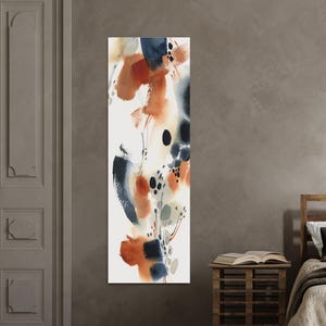 Abstract Long Vertical Canvas Print, Stairwell Wall Decor, Abstract Painting Blue Burnt Orange Tall Wall Decor, Narrow Wall Print on Canvas