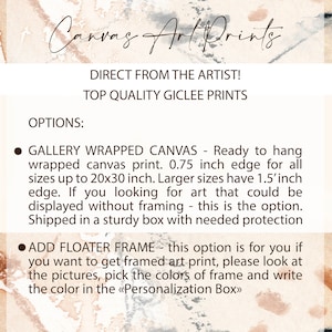 May include: Text on a canvas art print advertisement. The text includes "Canvas Art Prints" in a script font, and details about gallery-wrapped canvas prints and floater frame options. The text also mentions "Direct from the Artist!" and "Top Quality Giclee Prints."