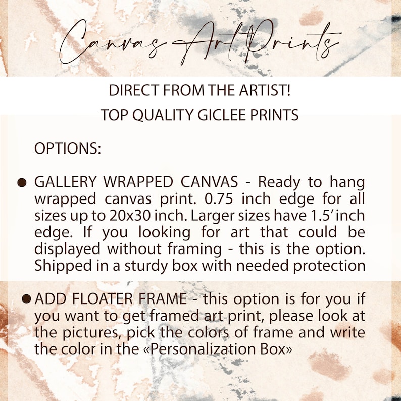 May include: Text on a canvas art print advertisement. The text includes "Canvas Art Prints" in a script font, and details about gallery-wrapped canvas prints and floater frame options. The text also mentions "Direct from the Artist!" and "Top Quality Giclee Prints."