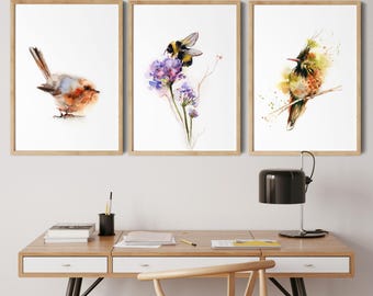 Canvas Art Prints 3 Set Birds and Bumble Bee Painting Wall Decor, Watercolor Prints