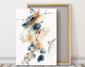 Abstract Painting in Blue Burnt Orange Wall Fine Art Print on Canvas, Abstract Watercolor Artwork, Large Sizes Statement Wall Hanging Art