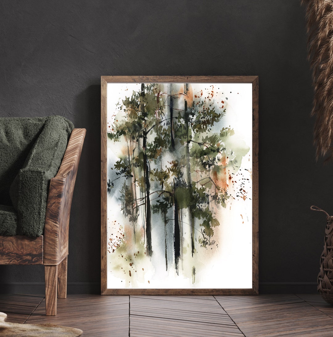 Green Pine Trees Forest Canvas Wall Print, Tree Watercolor Painting Art ...