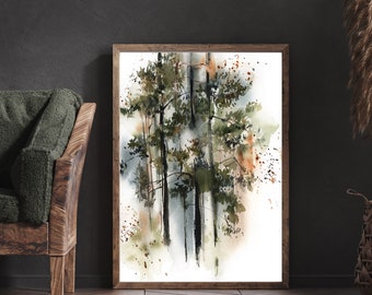 Green Pine Trees Forest Canvas Wall Print, Tree Watercolor Painting Art, Woodland Wall Decor