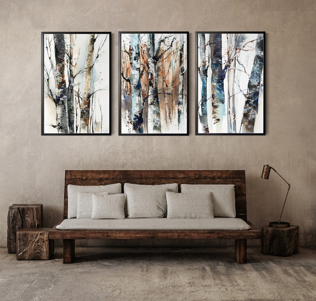 Forest Woodland Decor Set of 3 Canvas Prints, Birch Trees Watercolor ...