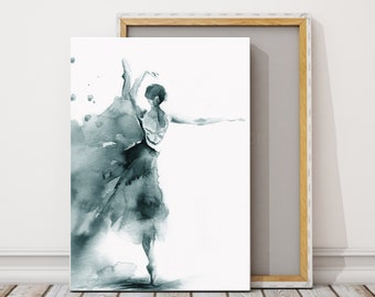 Ballerina in Teal Canvas Print, Ballet Watercolor Print, Dancer Painting Wall Decor
