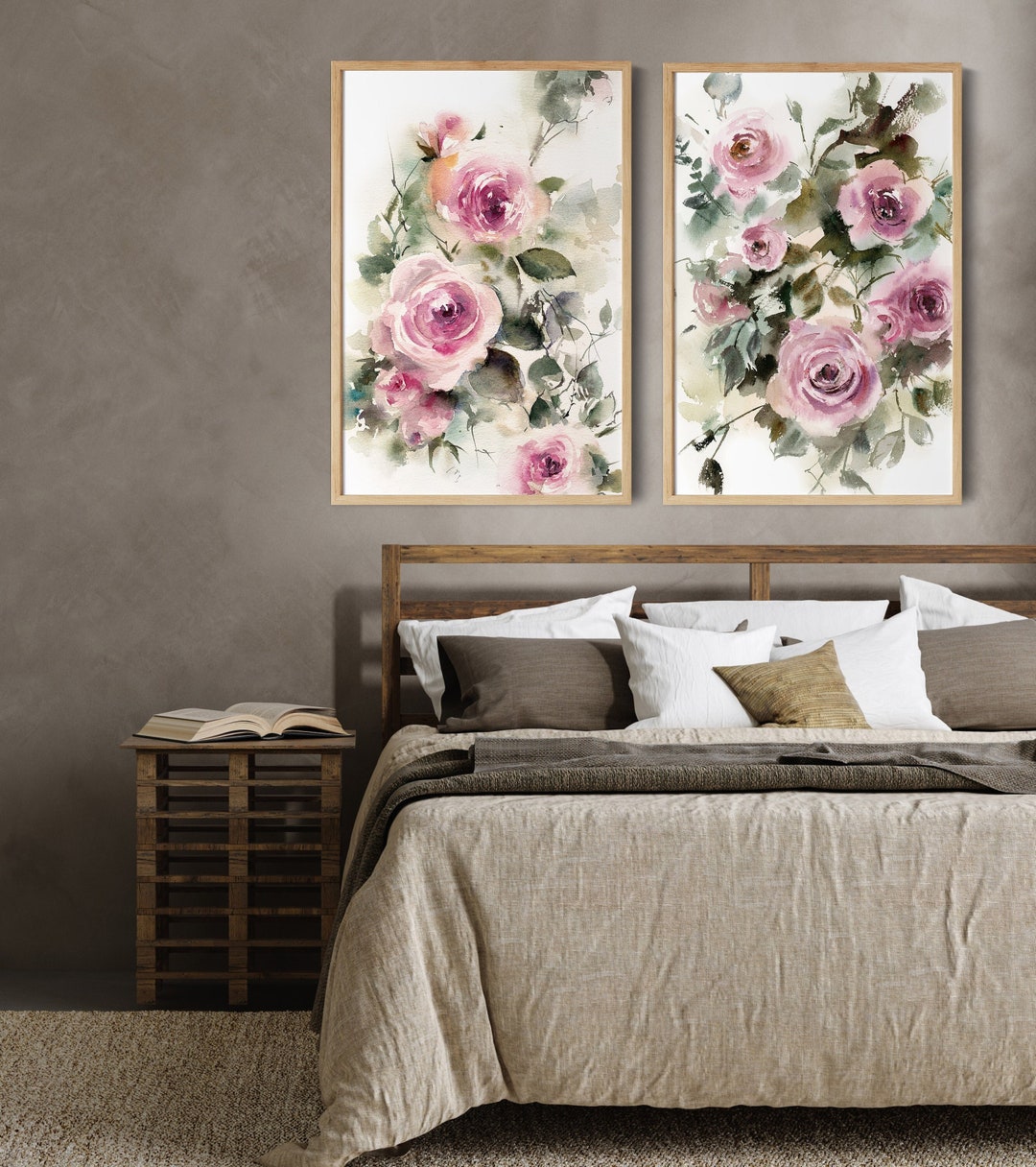 Pink Roses Set of 2 Pieces Prints on Canvas, Botanical Diptych ...