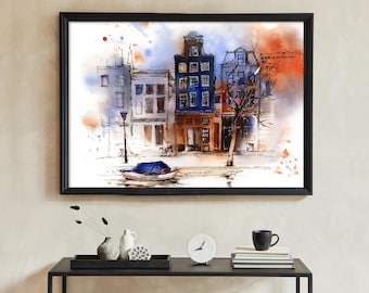 Amsterdam Cityscape Canvas Print, Watercolor Print, Netherlands Architecture Painting, Amsterdam Buildings
