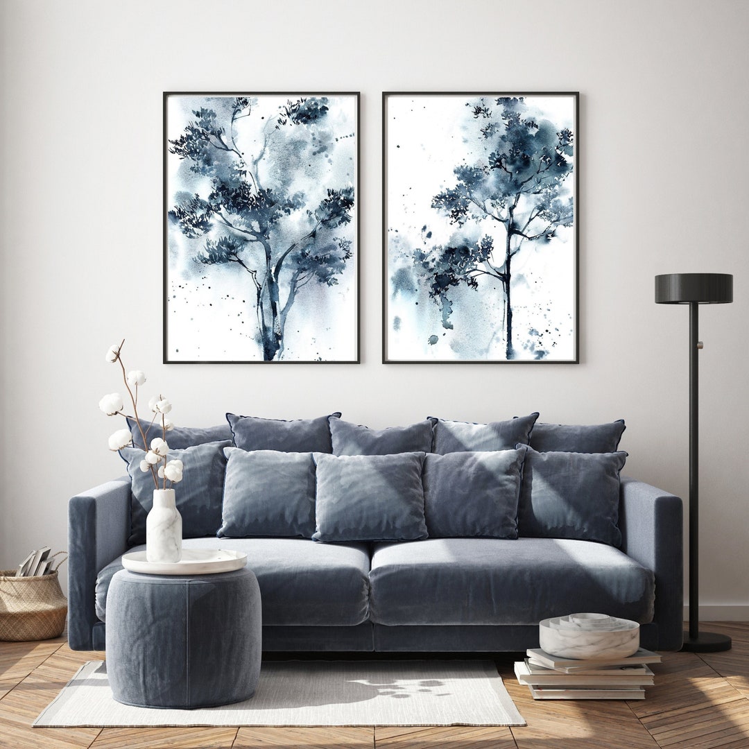 Blue Pine Trees Canvas Art Prints 2 Pieces Wall Decor, Tree Watercolor