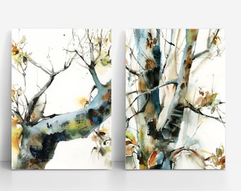 Tree Canvas 2 Art Prints Set, Forest Painting, Colorful Tree Watercolor Prints, Woodland Wall Decor