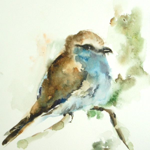 Watercolor Bird Painting, Original Watercolor Art, Bird on Branch, Brown Blue