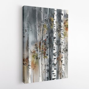 May include: Watercolor painting of birch trees in a forest. The artwork features vertical tree trunks in shades of gray, white, and black, with touches of autumn colors. The painting is on a canvas, creating a serene and natural scene.