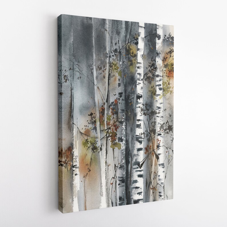 May include: Watercolor painting of birch trees in a forest. The artwork features vertical tree trunks in shades of gray, white, and black, with touches of autumn colors. The painting is on a canvas, creating a serene and natural scene.