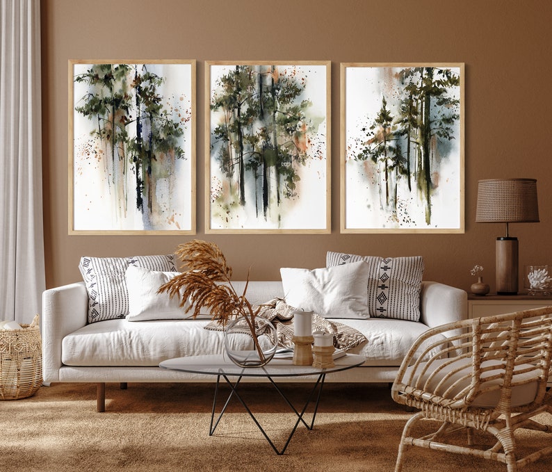 Forest Painting Set of 3 Canvas Prints, Pine Trees Wall Decor, Green ...