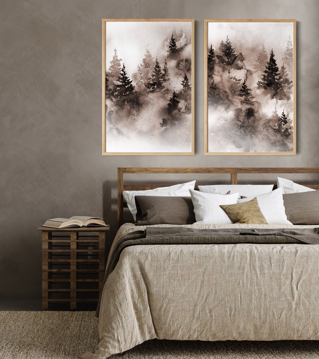 Foggy Pine Tree 2 Forest Prints Set, Watercolor Nature Canvas Art - Etsy