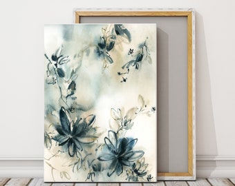 Teal Botanical Abstract Canvas Art Print, Floral Watercolor Painting Art