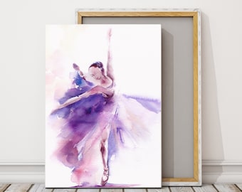 Ballerina in Purple Canvas Art Print, Ballet Dancer Watercolor Painting, Dancer Wall Decor
