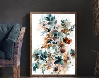 Abstract Teal and Earthy Colors Floral Canvas Print, Abstract Botanical Watercolor Painting, Abstract Flowers Decor