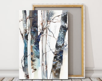Tree Watercolor Print, Nature Wall Art Print, Forest Tree Canvas Art, Birch Tree Painting, Nature Wall Hangings, Landscape Wall Decor
