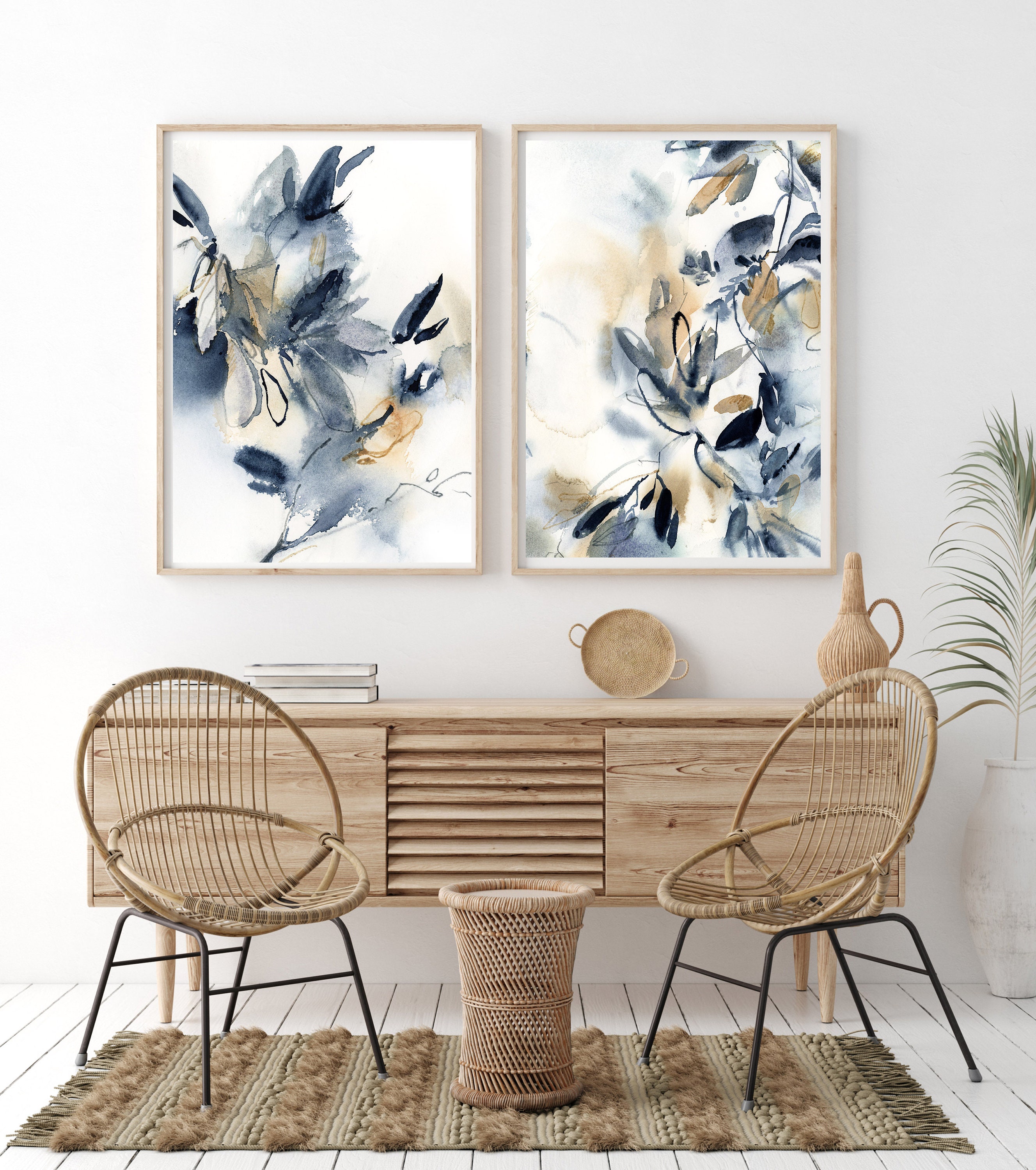 Blue Botanical Canvas Prints Set of 2 Wall Decor, Leaf Watercolor ...
